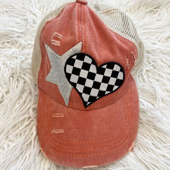 Coral Distressed Cap with Silver Star and Checkered Heart - Picture 1 of 6